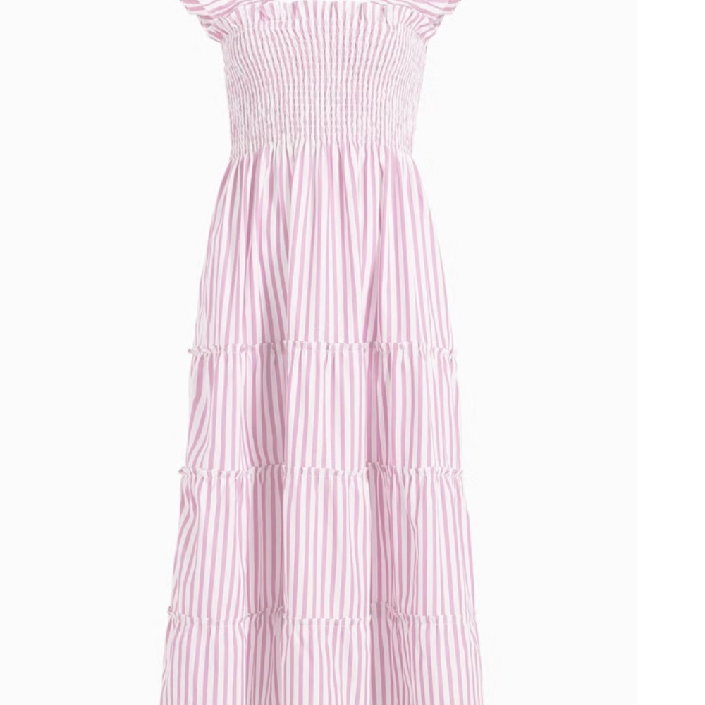 Smocked Tiered Midi Dress - Pink Stripe - Picture 1 of 6